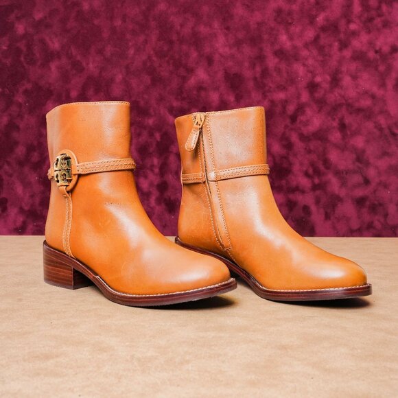 Tory Burch Women Miller TT Logo Brown leather Zip Fashion Ankle Boots sz 6.5